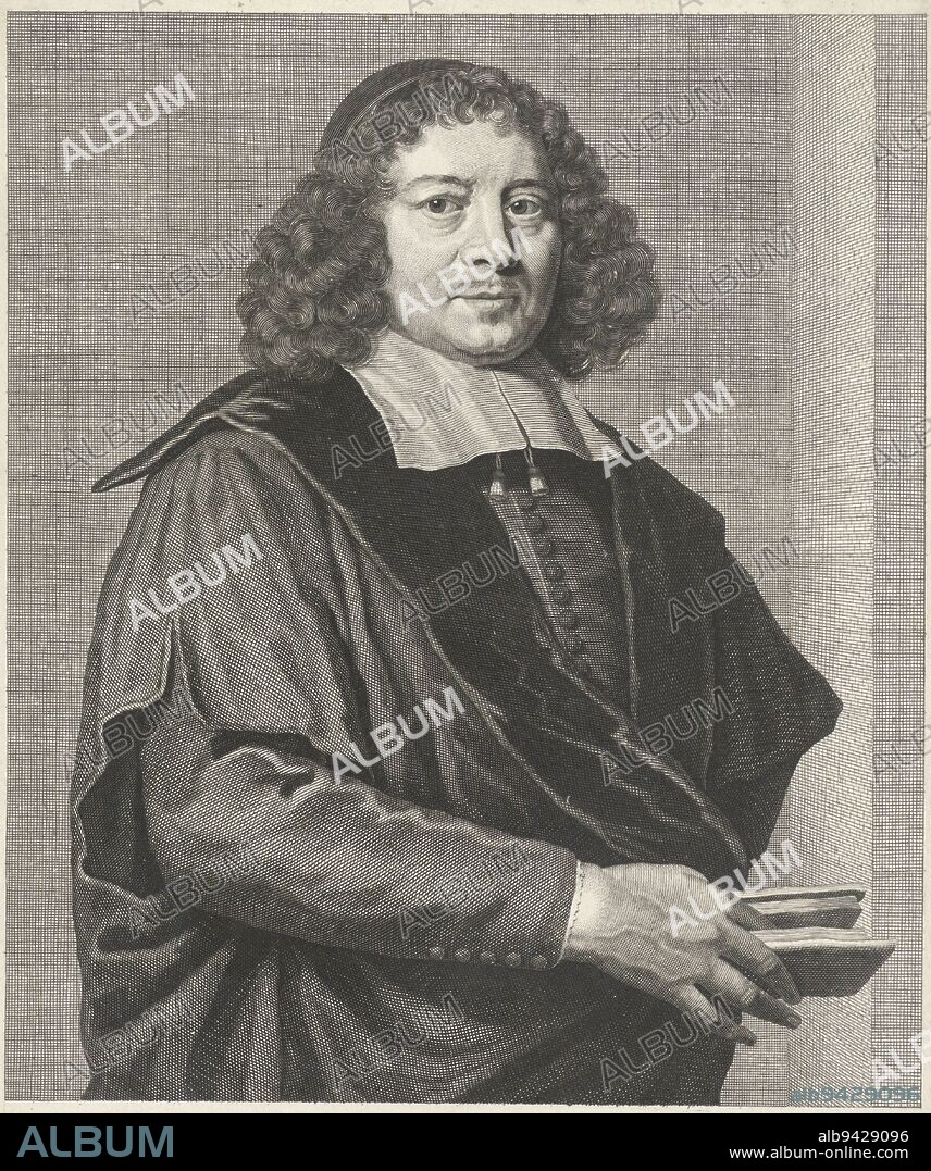 Portrait of Frans Burman I, pastor and professor of theology in Utrecht, holding a Bible, Portrait of Frans Burman I, print maker: Johannes Willemsz. Munnickhuysen, after: C. Maes, Netherlands, 1685 - 1721, paper, engraving, h 275 mm × w 192 mm.