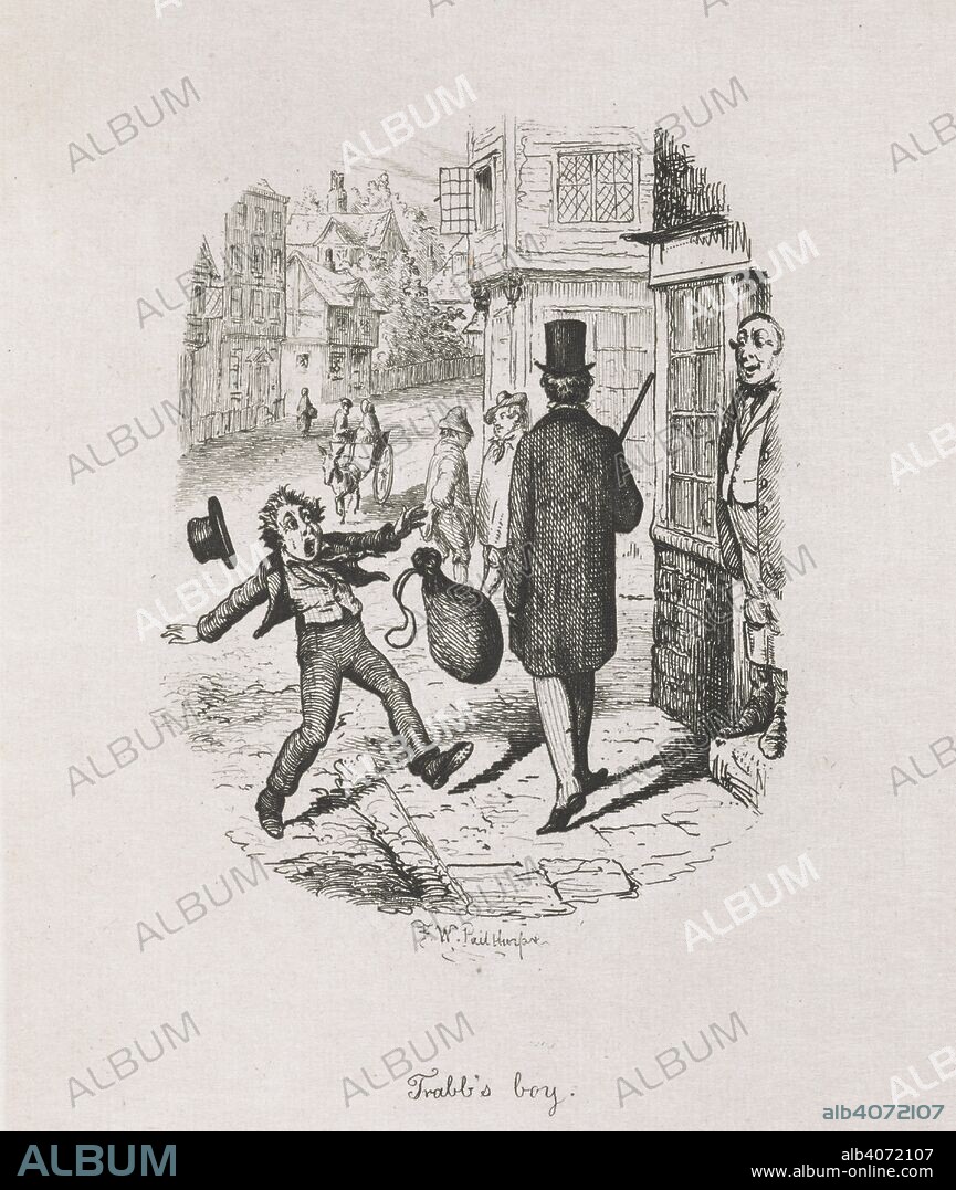 "Trabb's boy". Great Expectations. By Charles Dickens. [Twenty-one engraved plates, including a titlepage, after etchings by F. W. Pailthorpe.]. London : Robson & Kerslake, 1885. Source: K.T.C.28.b.20 page 11.