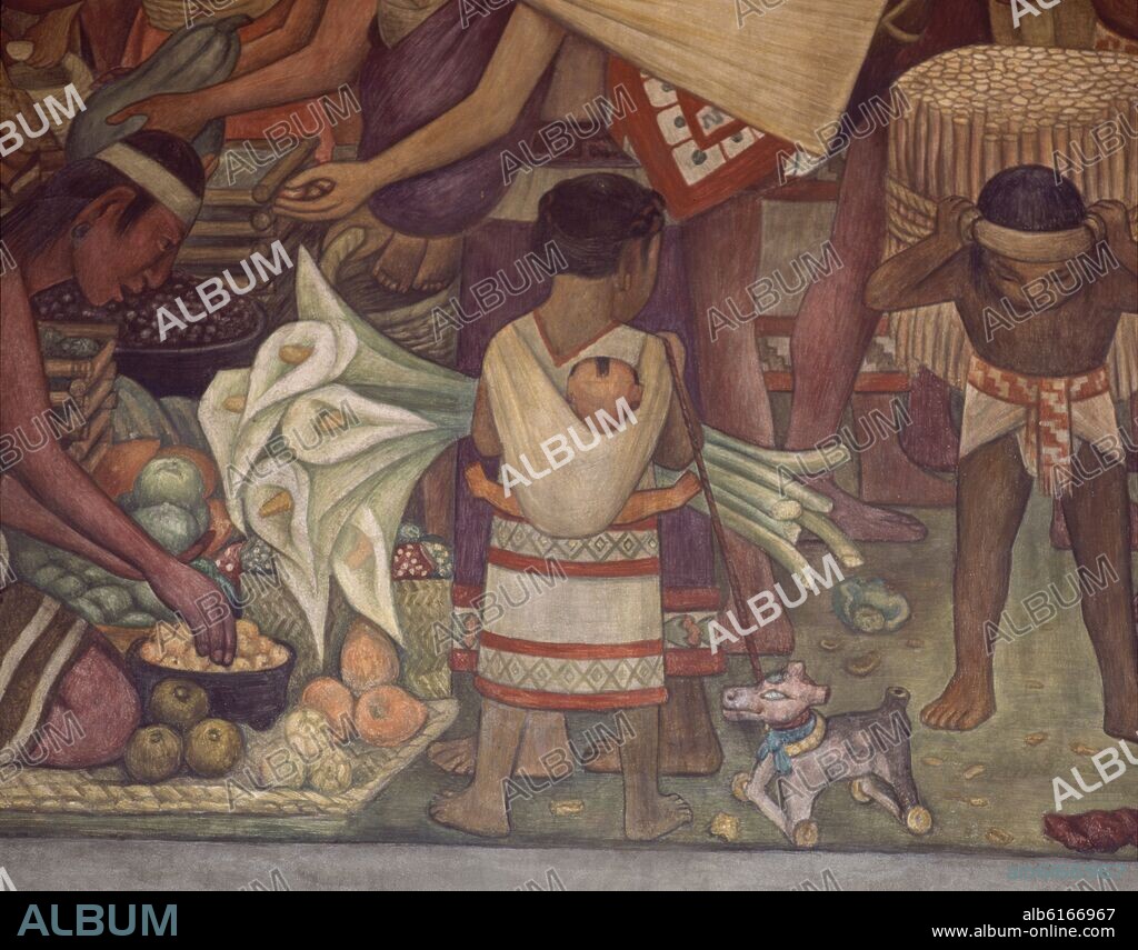 DIEGO RIVERA. TABLERO - MERCADO DE TLATELOLCO - NIÑO CON FLORES ALCATRAZ  Y CABALLITO - SIGLO XX.