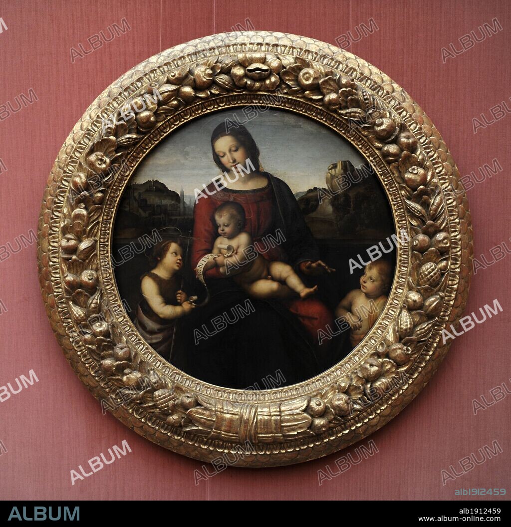 RAPHAEL. ARTE RENACIMIENTO. ITALIA. RAFAEL (Raffaello Santi o Sanzio) (Urbino, 1483-Roma, 1520). Pintor italiano. " La Virgen con el Niño, San Juan y un Santo Niño". Finalizada alrededor de 1504-1505. También es conocida como MADONA TERRANUOVA ya que pertenecía a los Duques de Terranuova. Detalle. Gemäldegalerie o Pinacoteca de Berlín. Kulturforum. Museos Nacionales de Berlín (Staatiche Museum). Alemania. Europa.