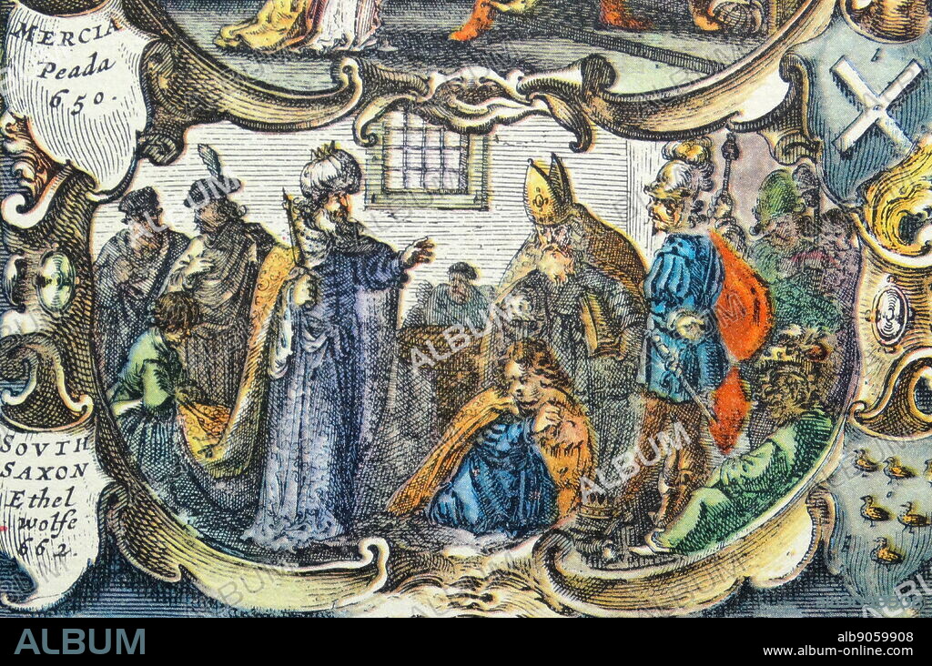 Æthelwulf, also spelled (No Suggestions) or Æthelwulf; meaning 'Noble Wolf', was King of Wessex from 839 until his death in 858. Detail from an antique map of Britain, by the Dutch cartographer Willem Blaeu in Atlas Novus (Amsterdam 1635).