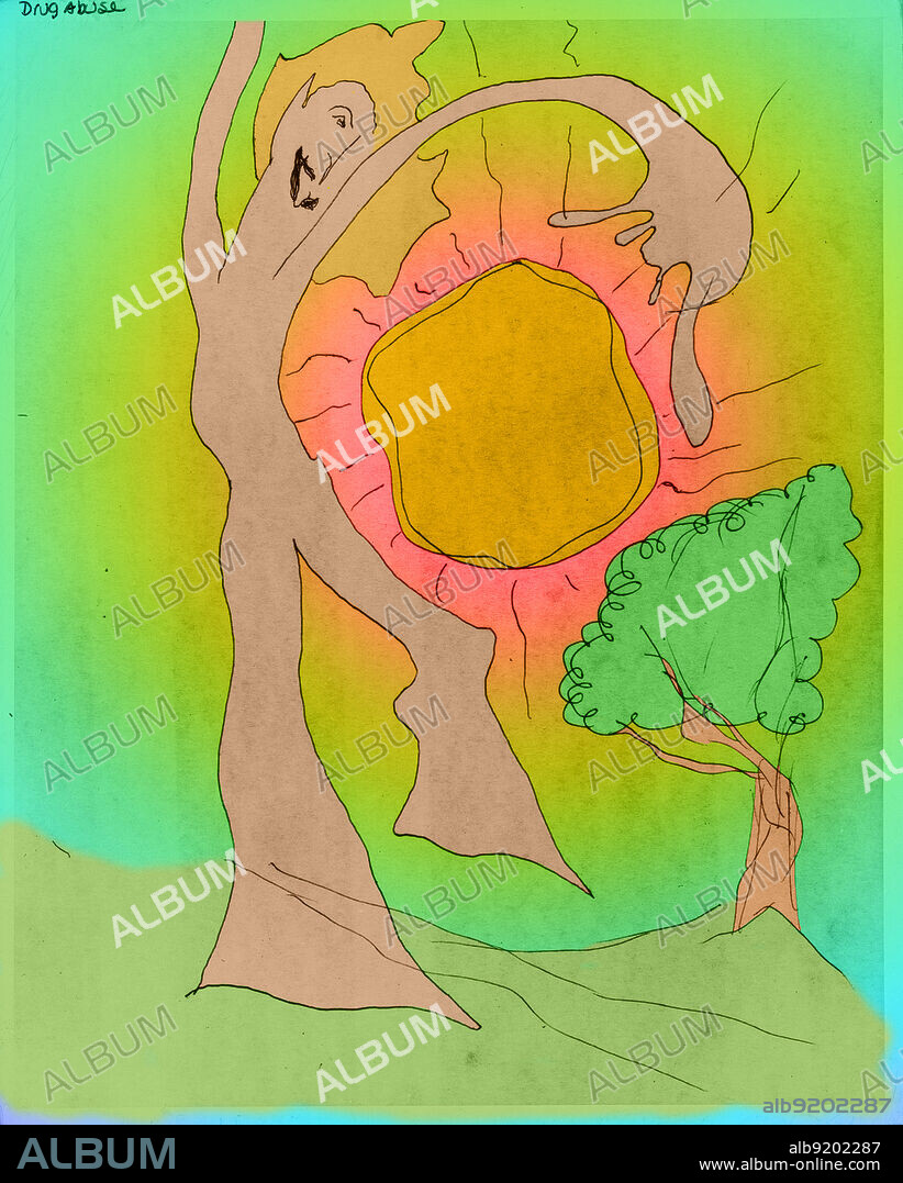 Color enhanced drawing done under the influence of lysergic acid diethylamide (LSD).