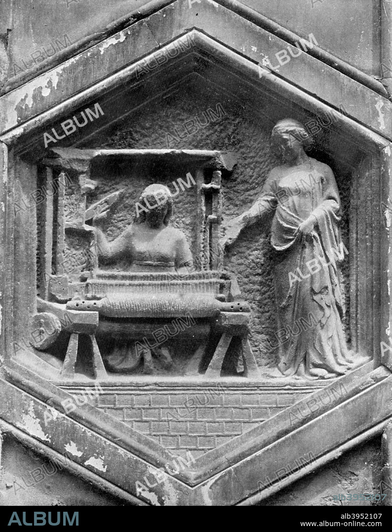 'The Art of Weaving', relief on the Duomo, Florence, Italy, mid 14th century (1925).  One of the reliefs on the campanile of the Cathedral of Florence, probably designed by its architect Giotto and partly executed by Andrea Pisano. A print from Chinese Art, Burlington Magazine Monographs, BT Batsford, Ltd, London, 1925.