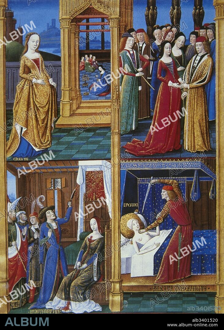 The rape of Lucretia for Sextus Tarquinius, son of last king of Rome was the precipitating event in the overthrow of the monarchy and the establishment of the Roman Republic. Miniature, 15th century. Life of Lucretia Top right: Lucretia with her husband, Lucius Tarquinius Collatinus. Bottom left: Lucrecia stabb. Around her, from right to left, Giunio Bruto, her husband Collatino and Esprio Cassio. In the right part of the right, Sextus Tarquinius using violence on Lucretia. Conde Museum. France.