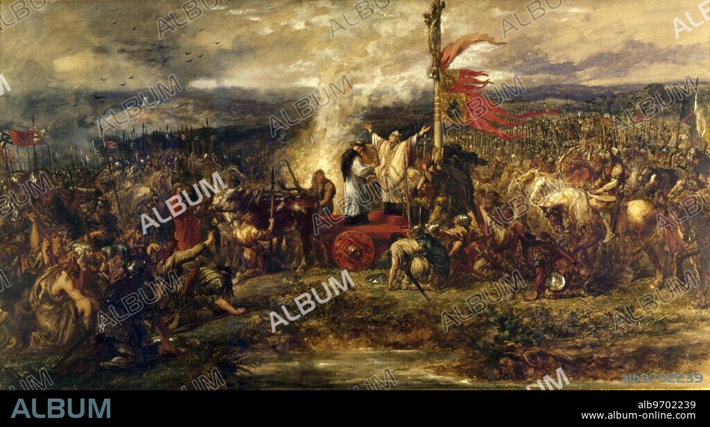 The Battle of the Standard, Northallerton - English v Scots. by John Gilbert RA. The Battle of the Standard took place on 22 August 1138 near Northallerton in Yorkshire. English levies of Yorkshire and the north Midlands, who arrayed themselves round a chariot carrying the consecrated banners of St Peter of York, St John of Beverley, St Wilfrid of Ripon and St Cuthbert of Durham, defeated the Scottish army under King David I. It was quite unusual as it was the only battle in which the Scots attacked from the south. ©2006 Credit:TopFoto.