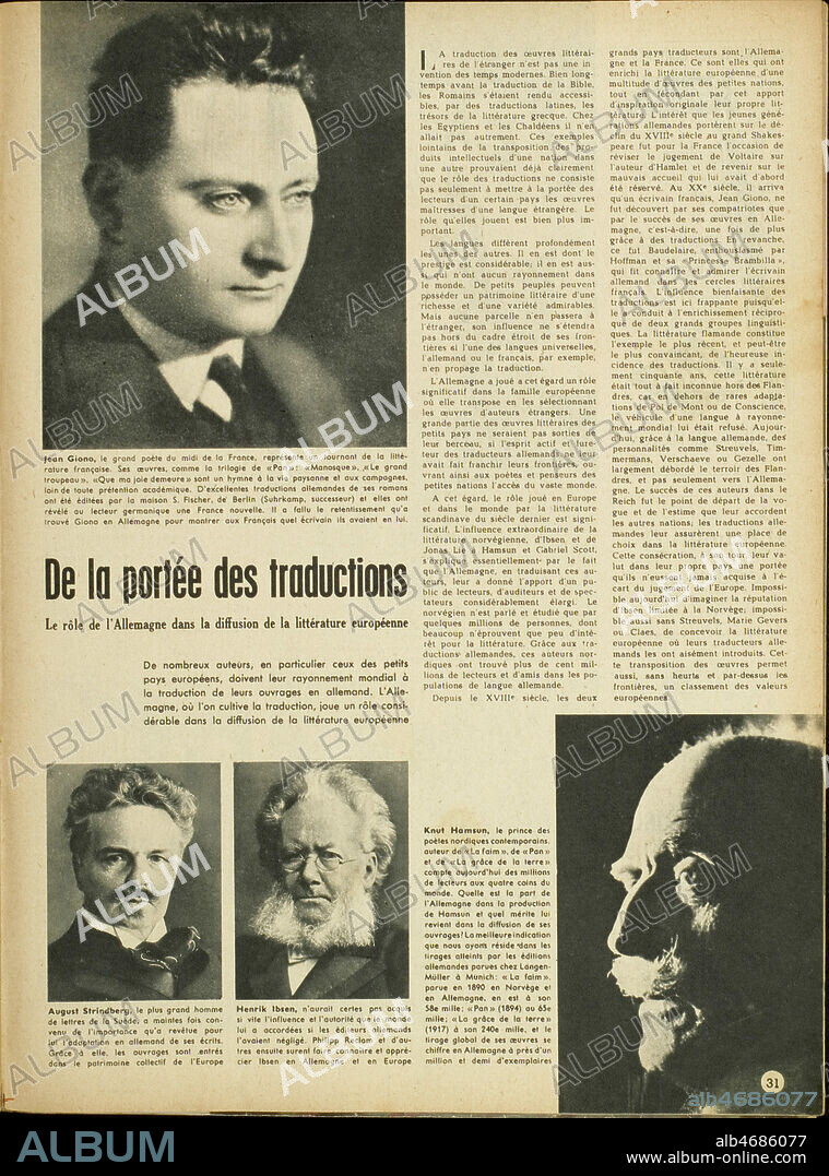 De la portee des traductions. Le role de l'Allemagne dans la diffusion de la litterature europeenne. Portraits de Jean GIONO (1895-1970), August STRINBERG, Henrik IBSEN (1828-1906), Knut HAMSUN. Article tire de Signal de 1944. annees 40. Credit : Collection KHARBINE-TAPABOR.