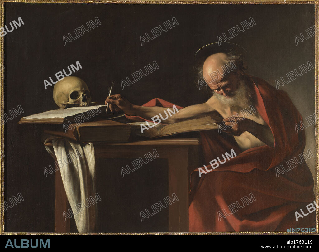 St Jerome, by Michelangelo Merisi known as Caravaggio, 1605 about, 17th Century, oil on canvas, cm 116 x 153. Italy, Lazio, Rome, Borghese Gallery. All. Saint St Jerome Hyeronimus red mantle cloak beard books skull table., photographic campaign 2009. Authorization required for non editorial use.