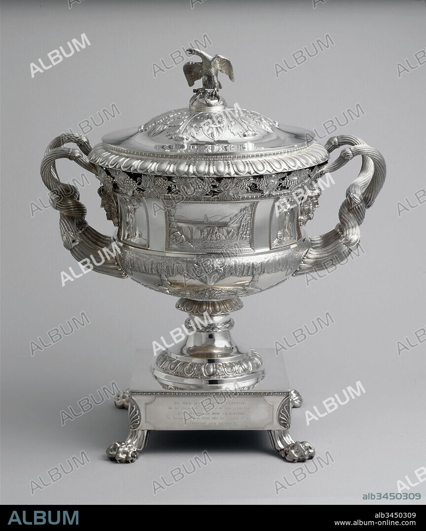 Presentation Vase, 1825, Made in Philadelphia, Pennsylvania, United States, American, Silver, 23 3/4 x 20 3/4 x 14 3/4 in. (60.3 x 52.7 x 37.5 cm); 401 oz. 1 dwt. (12473.9 g), Silver, Thomas Fletcher (American, Alstead, New Hampshire 1787–1866 New Jersey), Sidney Gardiner (American, Mattituck, New York 1787–1827 Mexico), In New York City, the most significant event of the early nineteenth century was the creation of the Erie Canal. Upon its completion, New York gained easy access to the country's interior, and its commercial hegemony was secured.