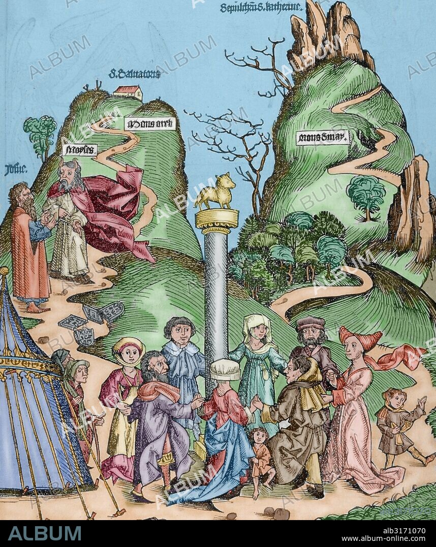 "MOISES JUNTO CON JOSUE BAJA DEL MONTE SINAI CON LAS TABLAS DE LA LEY ROTAS Y HALLA A LOS ISRAELITAS ADORANDO AL BECERRO DE ORO". Grabado de la obra "Liber Chronicarum" de Hartman SCHEDEL. Siglo XV. Edición latina. Coloreado.