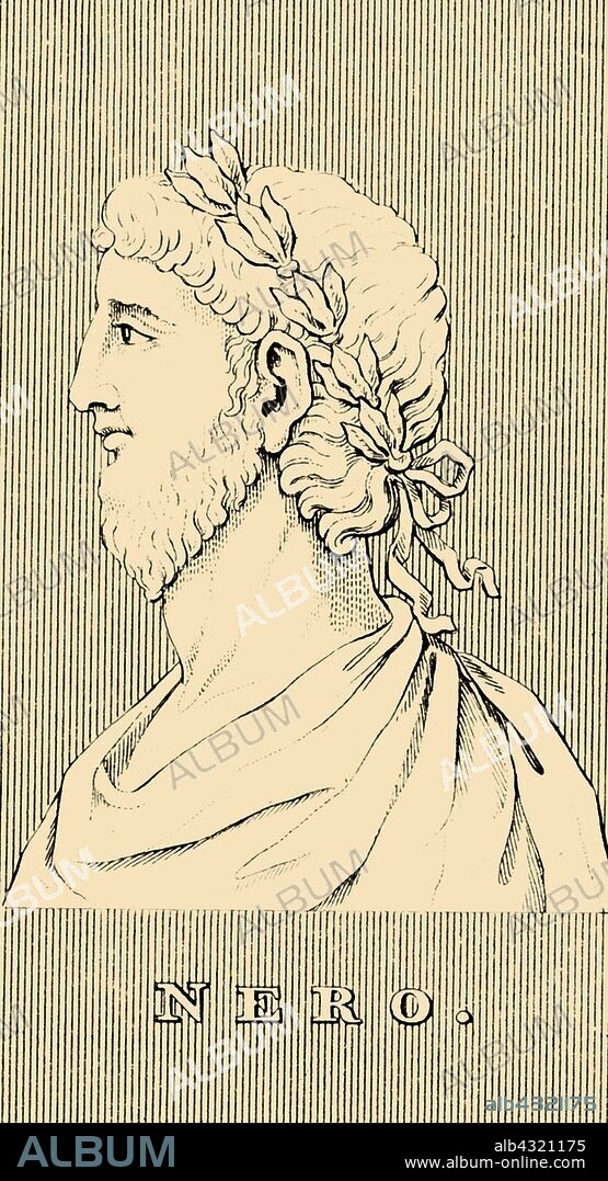 'Nero', (37- 68 AD), 1830. Nero (37- 68 AD) last Roman emperor of the Julio-Claudian dynasty, adopted by his great-uncle Claudius he became heir and successor with the consent of the Praetorian Guard. His mother Agrippina the Younger was implicated in Claudius' death and dominant during his reign, later murdered. From "Biographical Illustrations", by Alfred Howard. [Thomas Tegg, R. Griffin and Co., J. Cumming, London, Glasgow and Dublin, 1830].