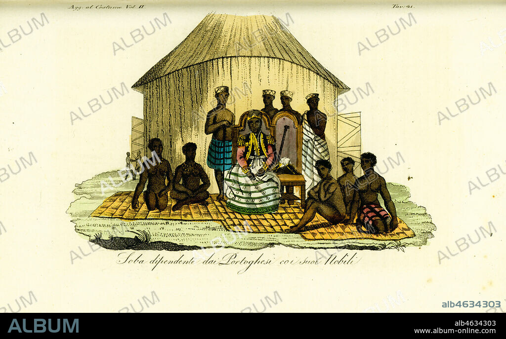 Audience with Soba Bango, Regent of Golungo Alto, Angola, and his nobles. The regent wears a military jacket with captain's epaulettes over a Luanda skirt. Handcoloured copperplate engraving after Jean-Baptiste Douville from Giulio Ferrario's Costumes Ancient and Modern of the Peoples of the World, Florence, 1834.