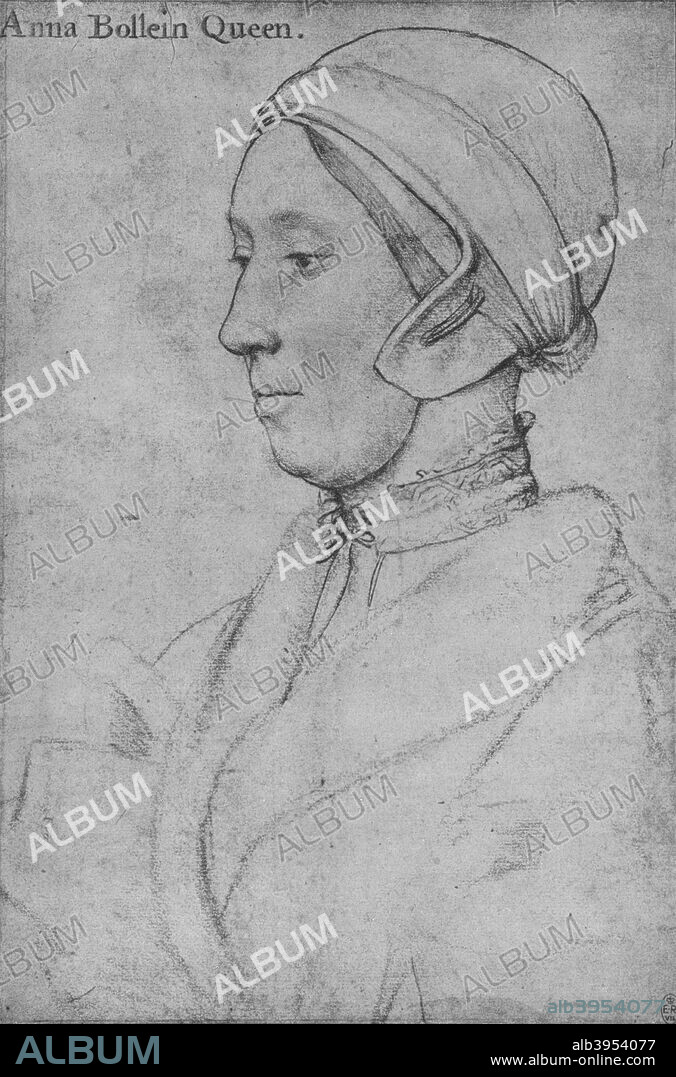 Anne Boleyn', 1533-1536 (1945). Anne Boleyn (c. 1501- 1536) was Queen of England from 1533 to 1536 as the second wife of King Henry VIII, and Marquess of Pembroke in her own right. The drawing is part of the Royal Collection Trust, Windsor Castle. From The Drawings of Holbein at Windsor Castle by K. T. Parker. [The Phaidon Press Ltd, Oxford & London, 1945].