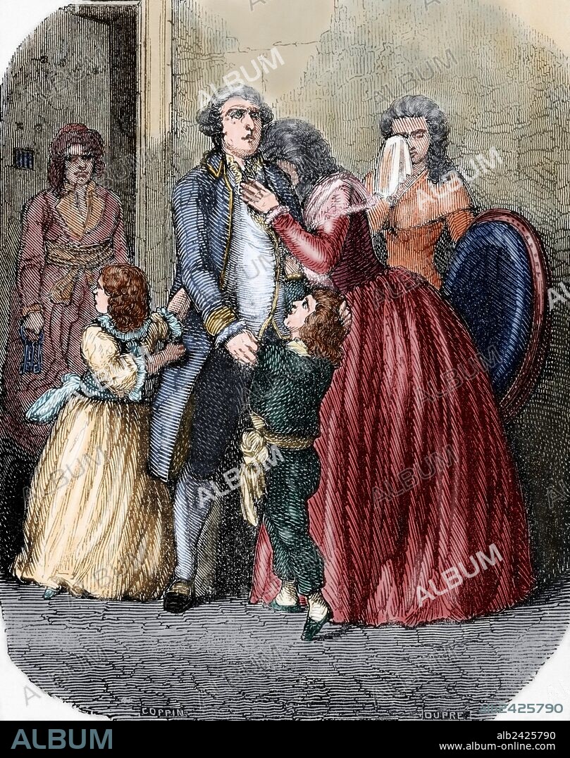 LUIS XVI (Versalles, 1754-París, 1793). Rey de Francia (1774-1792) y nieto de Luis XV. Contrajo matrimonio con María Antonieta y se opuso al Tercer Estado, intentando frenar el proceso revolucionario. "Despedida de Luís XVI de su familia". Contexto de la Revolución Francesa. Grabado coloreado.