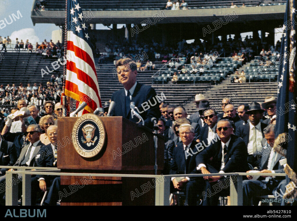 President Kennedy makes his 'We choose to go to the Moon' speech, Rice University, 1962. US President John F. Kennedy gives his 'We choose to go to the Moon' speech in Houston, Texas. A crowd of roughly 35,000 at Rice University's stadium heard his historic speech.