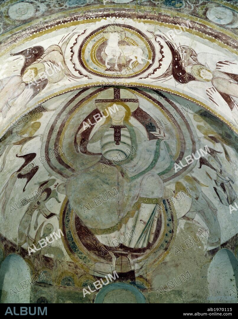Christ as the judge of the Apocalypse, 11th century Romanesque painting in the main apse in St Gilles Chapel, Montoire-sur-le-Loir, France.