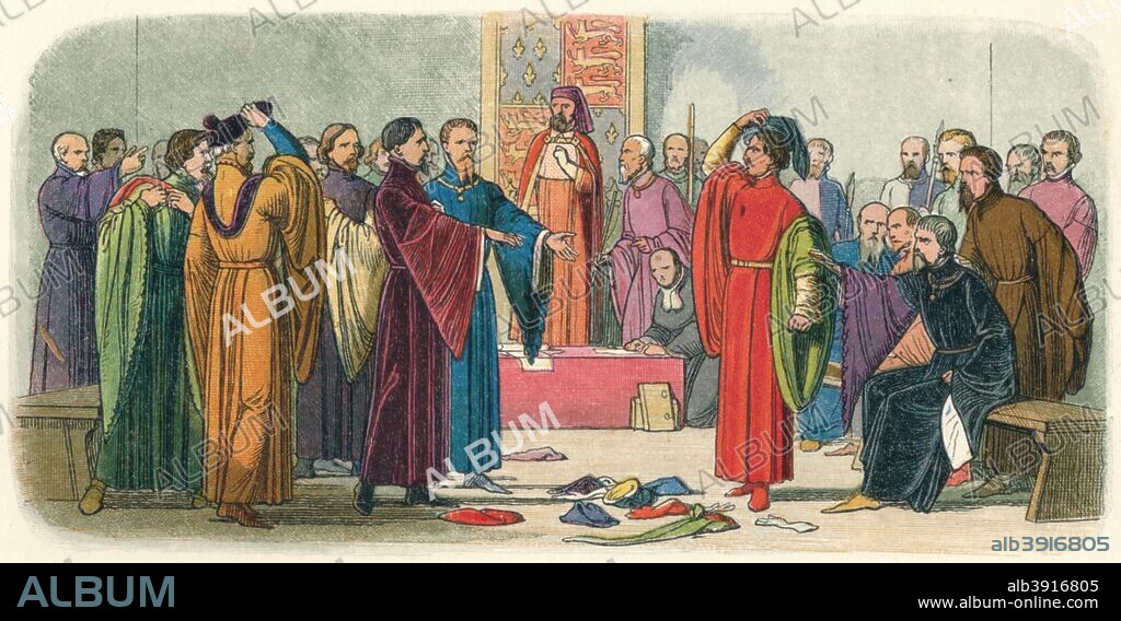 'Albemarle and Fitzwalter exchange defiance', 1864. Walter FitzWalter, 5th Baron FitzWalter, (1368-1406) has a heated exchange with Edward, Duke of Albemarle, in the court of Henry IV.  Lord Fitzwalter accused the Duke of Albemarle with the murder of Gloucester. Divided, the House of Lords exchange defiance by throwing down their gages. From A Chronicle of England B.C. 55 - A.D. 1485 by James E. Doyle. [Longman, Green, Longman, Roberts & Green, London, 1864].