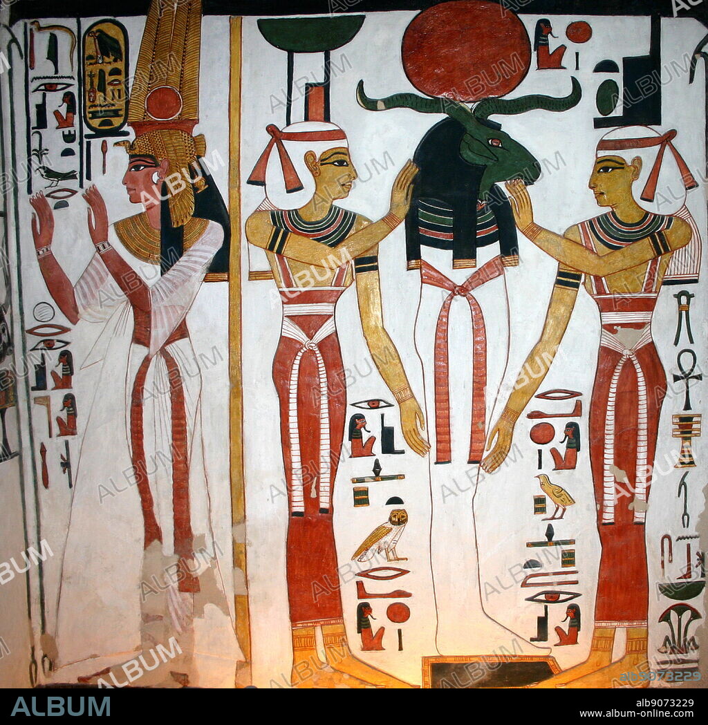Wall Painting depicting, Nefertari and the Ram God, Khnum. Inside the tomb (QV66) of Nefertari, Great Wife of Pharaoh Ramesses II, in Egypt's Valley of the Queens. It was discovered by Ernesto Schiaparelli in 1904. It is called the Sistine Chapel of Ancient Egypt. In the Valley of the Queens, Nefertari's tomb once held the mummified body and representative symbolisms of her, like what most Egyptian tombs consisted of. Now, everything had been looted except for two thirds of the 5,200 square feet of wall paintings. ca. 1255 BC.