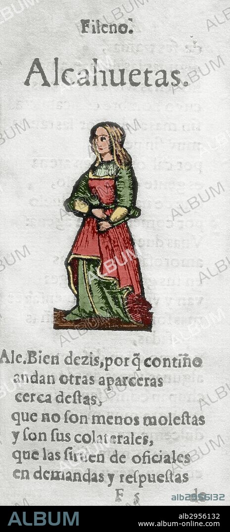 Cristobal de Castillejo (ca.1490-1550). Spanish monk and poet. Women dialog. Engraving depicting a gossiper. Printed in Barcelona, 1600. Colored.