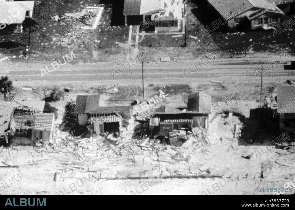 Homes on the waterfront on the Florida Panhandle after Hurricane Eloise, 1975.  Hurricane Eloise was the most destructive tropical cyclone of the 1975 Atlantic hurricane season. Upon making landfall in Florida, Eloise generated winds reportedly gusting to 155 mph, which caused extreme damage throughout the area. Hundreds of buildings were demolished by the powerful winds and strong storm surge. Across the United States, damage amounted to approximately $560 million. The storm killed 80 people along its track, and due to the severe damage, the name "Eloise" was retired from the list of Atlantic tropical cyclone names.