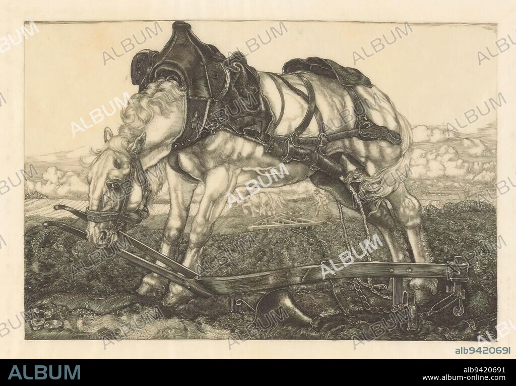 Resting plow horse, A horse stands bent over a plow. Below the horse's belly, a view of a harrow and a plowing pair of horses., print maker: Pieter Dupont, Nogent-sur-Marne, 1902, parchment (animal material), engraving, height 160 mm × width 240 mm.
