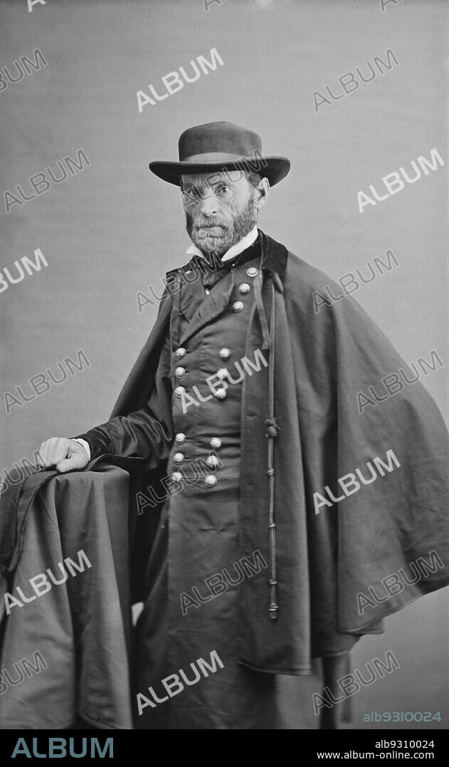 William Tecumseh Sherman (1820-1891), Union General During American Civil War, three-quarter length Portrait, Military Uniform with Cape and Hat, Mathew Brady Studio, 1860's.