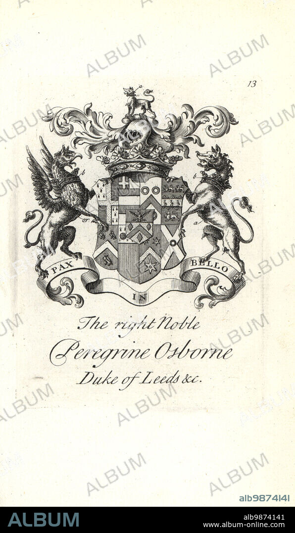 Coat of arms and crest of the right noble Peregrine Osborne, 2nd Duke of Leeds, 1659-1729. Copperplate engraving by Andrew Johnston after C. Gardiner from Notitia Anglicana, Shewing the Achievements of all the English Nobility, Andrew Johnson, the Strand, London, 1724.