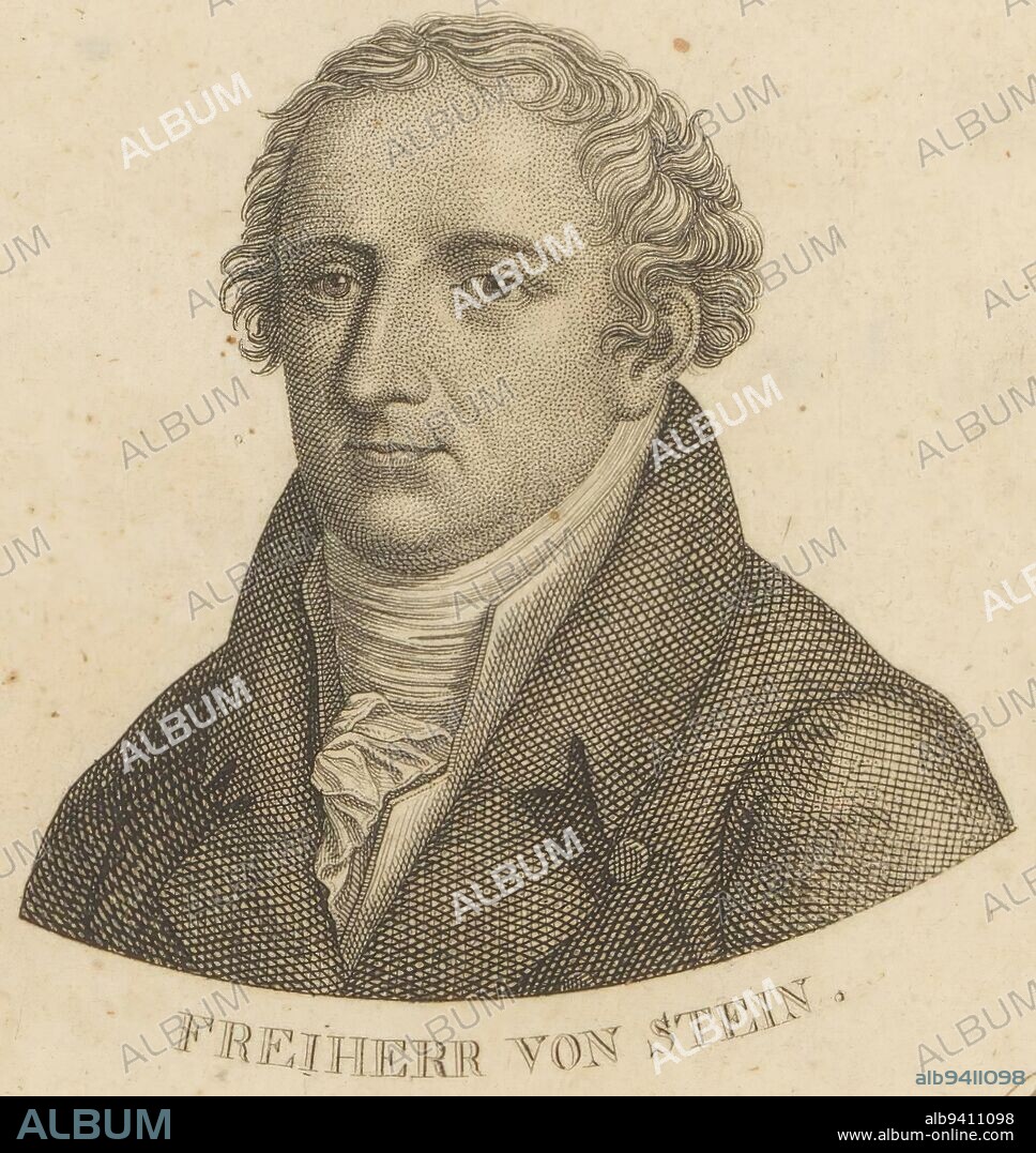 Portrait of Heinrich Friedrich Karl vom und zum Stein, Ernst Ludwig Riepenhausen, 1775 - 1840, print maker: Ernst Ludwig Riepenhausen, 1775 - 1840, paper, engraving, h 98 mm - w 86 mm.