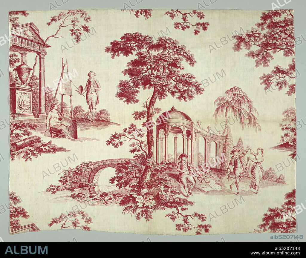 Textile, Medium: cotton Technique: mordant printed by engraved copper plate on plain weave; fabric dyed for red, Slightly more than one full repeat of a plate. Printed cotton on red. Landscape: two scenes, one an artist standing at an easel in front of a classical temple and dancers and a musician in front of a classical style pavillion., Fabric too narrow for plate: Fabric lengths placed side-by-side repeat pattern straight across., England or France, ca. 1790, printed, dyed & painted textiles, Textile.