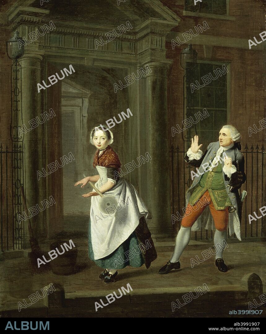 A well dressed servant girl spins her mop, c1764. She wears a large apron over her skirts, a simple bonnet, and a length of ribbon tied in a bow around her neck.   A detail from 'A City Shower'.