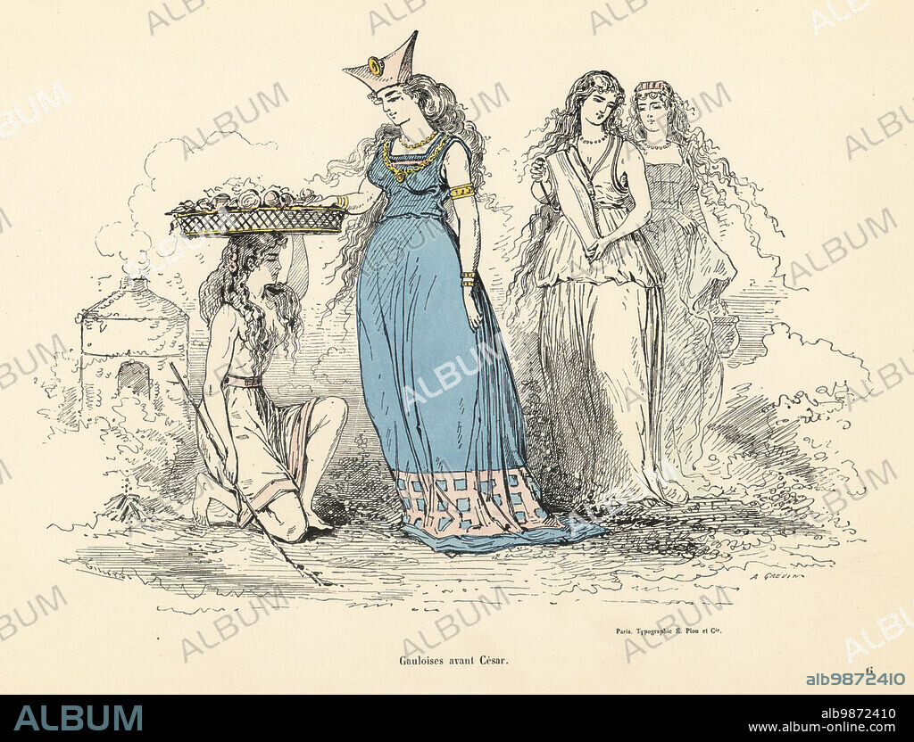 Costumes of women of Gaul before the Roman invasion. They wear long robes, bracelets and necklaces, long hair, curious hats. Theatrical or fancy-dress costumes. Gauloises avant Cesar. Handcoloured engraving by Gilloy after an illustration by Alfred Grevin from Les Filles dEve, Album de travestissements plus ou moins historiques, Typographie Eugene Plon, Paris, 1850.