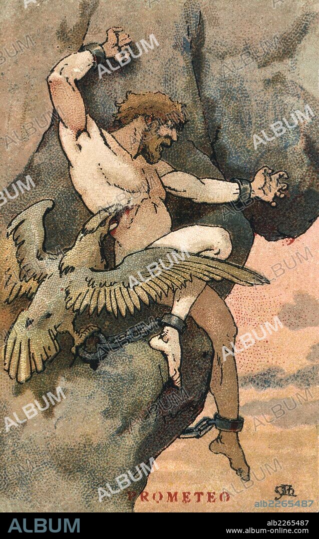 APEL·LES MESTRES OñóS. Mitología. Prometeo, titán amigo de los mortales que robó el fuego de los dioses para dárselo a los hombres por lo que sufrió el castigo de Zeus que envió un águila para que se comiera su hígado. Años 1920.