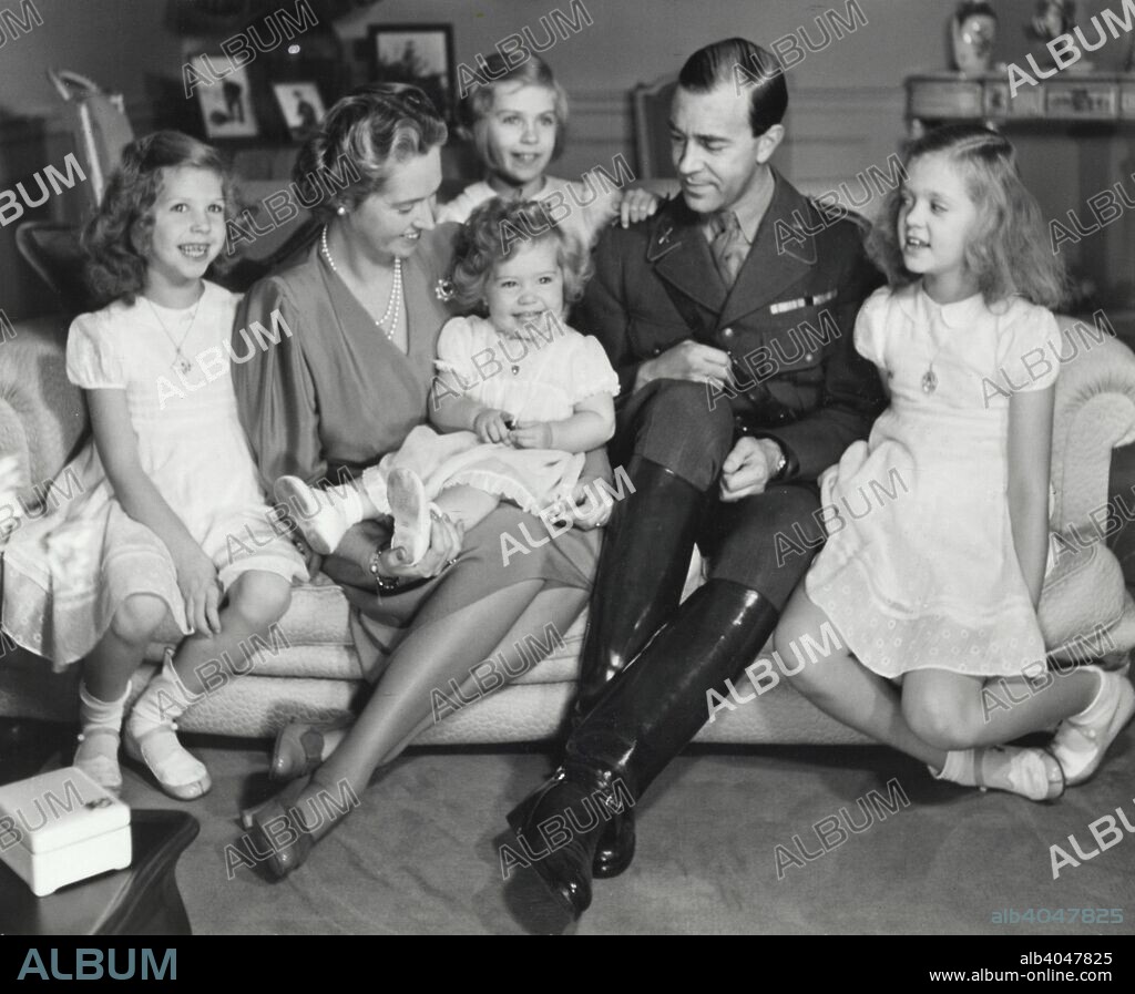 Royal family portrait at Haga Castle, Stockholm, c1945. Prince Gustaf Adolf (1906-1947) with his wife, Princesses Sibylla (1908-1972), and their four daughters, Princesses Desiree (1938-), Margaretha (1934-), Christina (1943-) and Birgitta (1937-).