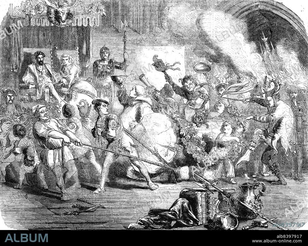 'Christmas in the Olden Time; Drawing in the Yule log', 1854. From "Cassell's Illustrated Family Paper; London Weekly 31 Dec 1853 to 30 Dec 1854".