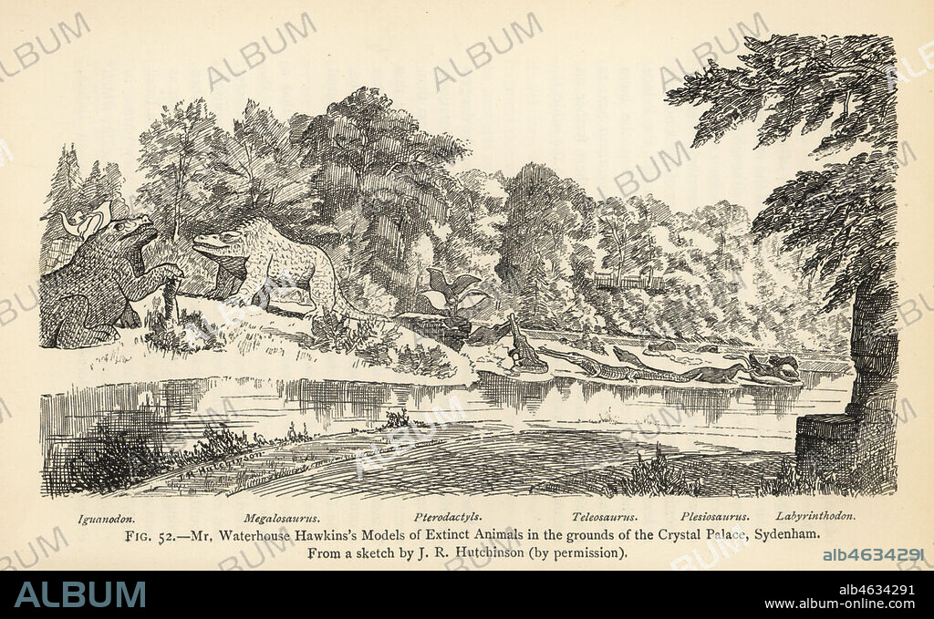 Benjamin Waterhouse Hawkins models of extinct animals in the grounds of Crystal Palace, Sydenham. Iguanodon bernissartensis, Megalosaurus bucklandii, Pterodactylus antiquus, Teleosaurus cadomensis, Plesiosaurus dolichodeirus and Mastodonsaurus jaegeri (Labyrinthodon). Engraving after an illustration by J.R. Hutchinson from Henry Neville Hutchinsons Creatures of Other Days, Popular Studies in Palaeontology, Chapman and Hall, London, 1896.