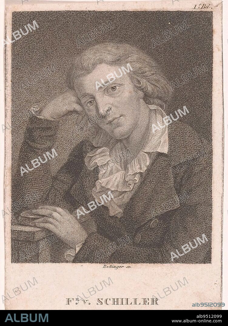 Portrait of Friedrich von Schiller, Friedrich Wilhelm Bollinger, after Anton Graff, 1791 - 1825, Numbered top right: 1s. Bd., print maker: Friedrich Wilhelm Bollinger, (mentioned on object), after: Anton Graff, , Berlin, 1791 - 1825, paper, h 101 mm - w 71 mm.