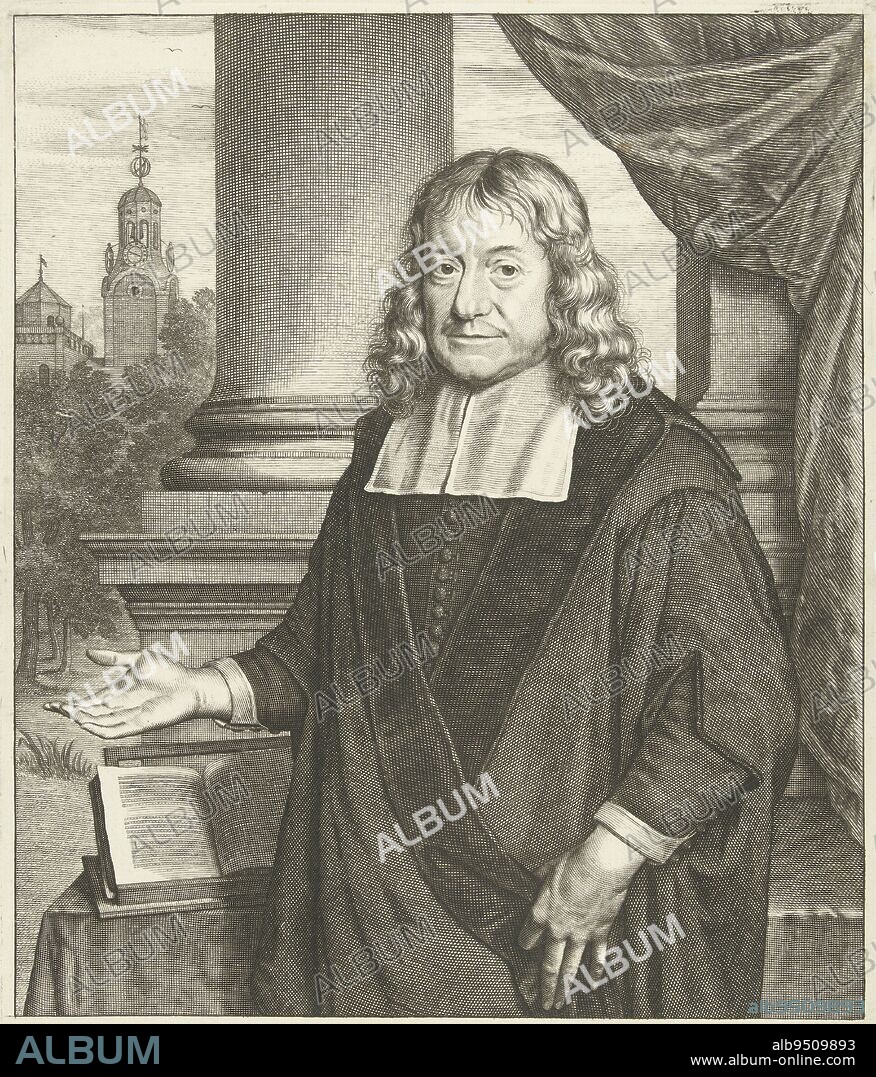 Portrait of the Leiden theologian Christoph Wittich Wittich is making a speaking gesture, standing in front of a table with a Bible The spire of a church can be seen in the background In the lower margin a Latin verse about the person portrayed, Portrait of Christoph Wittich Christophorus Wittichius , print maker: Abraham Bloteling, (mentioned on object), intermediary draughtsman: Pieter Cornelisz. van Slingelandt, (mentioned on object), publisher: Johannes Tangena (17e eeuw), (mentioned on object), print maker: Amsterdam, publisher: Leiden, 1687 - 1691, paper, engraving, h 280 mm × w 210 mm.