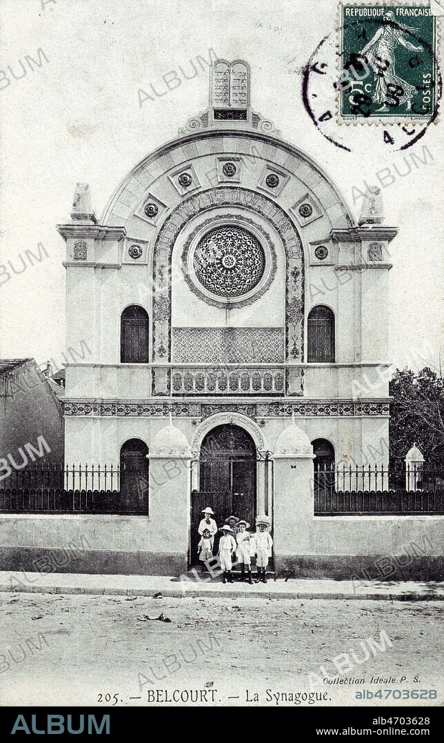 Belcourt, la synagogue. Carte postale envoyee en 1909. Credit : Collection IM/KHARBINE-TAPABOR.