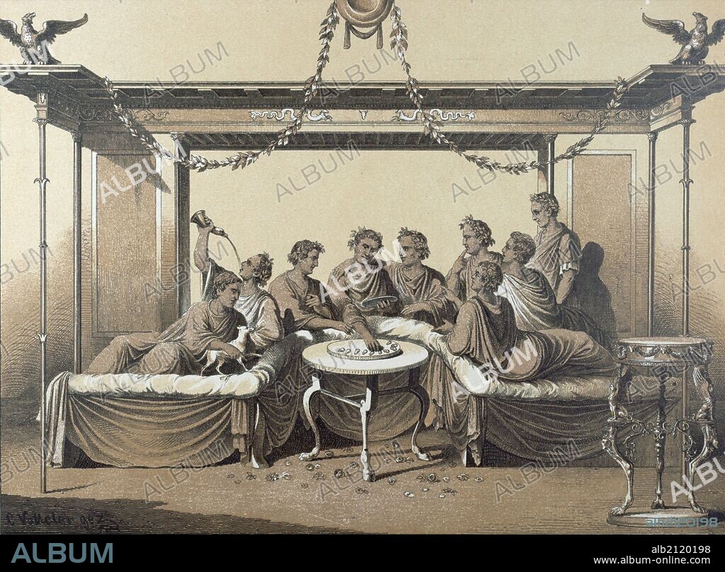 Triclinium, dinner in a formal Roman dining room, food and drink, man, interior, couch, chaise longue, klinai, feasting, roman domestic life, triclinia, 19th century engraving, liszt gourmet archive.