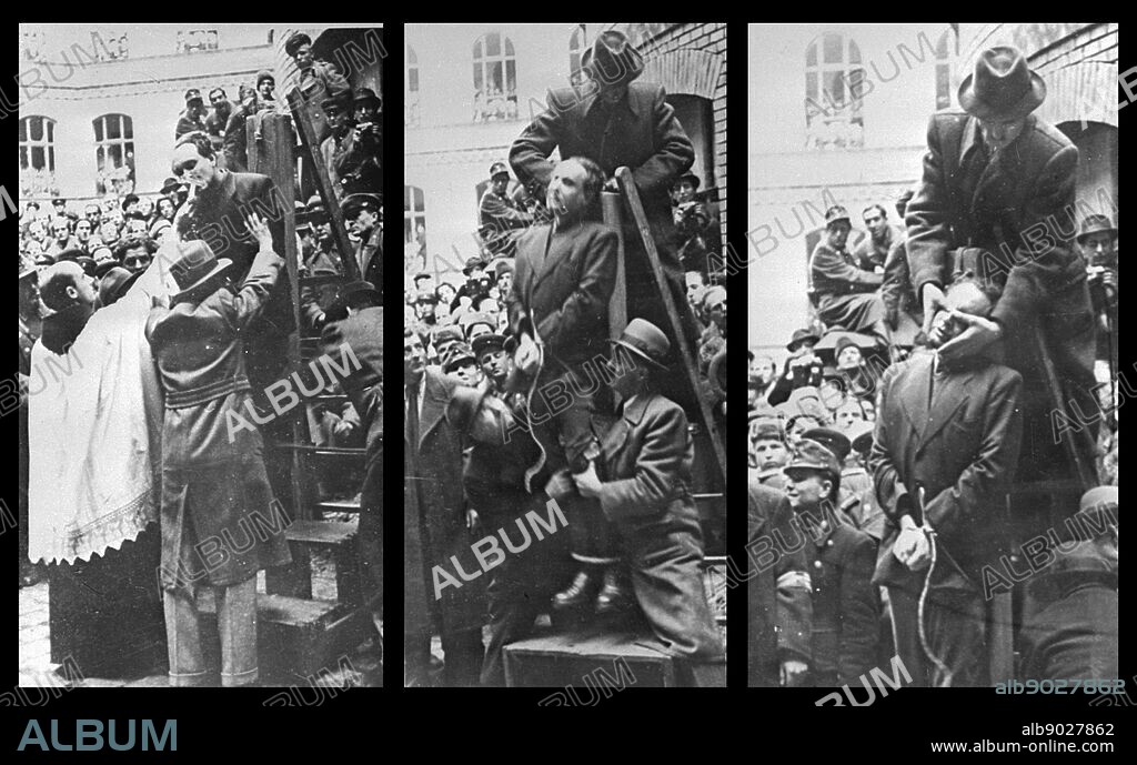 Photograph of Hungarian Prime Minister Ferenc Szalasi receiving the last rites before being hanged as a collaborator in Budapest. Dated 1946.