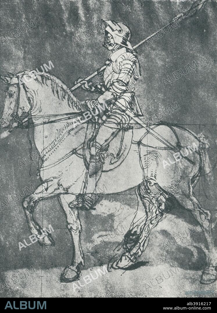 'Man in Armour, on Horseback', 1498, (1912). Northern Renaissance genre painting of a man on horseback, interpreted as a Christian allegory for the soul, armoured against fear, by Albrecht Durer (1471-1528) German Renaissance painter, printmaker and theorist. From The Connoisseur Vol XXXII. [ Otto Limited, London, 1912].