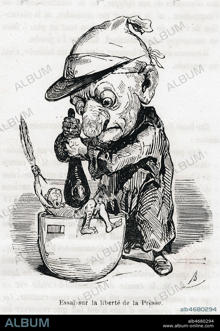 Essai sur la liberte de la presse. Caricature de BERTALL (1820-1882) pour la Revue comique a l'usage des gens serieux de 1849. (Cette revue satirique dirigee par Jules HETZEL (1814-1886) fut interdite en decembre 1849). Credit : Collection Kharbine-Tapabor.