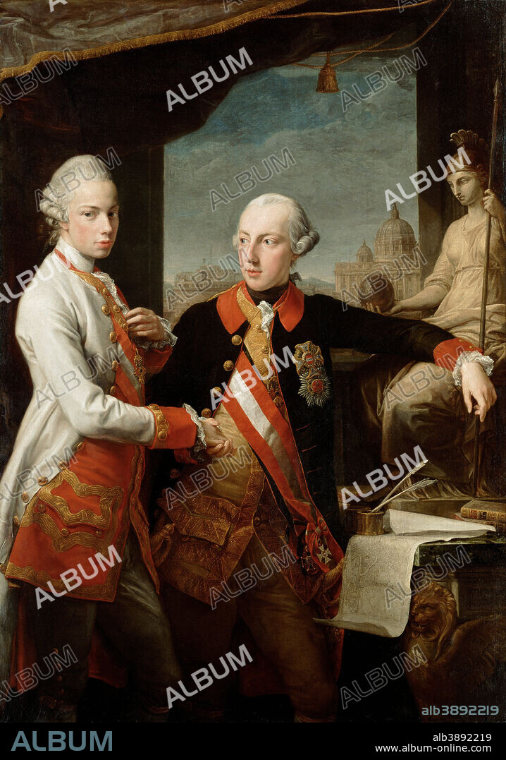 POMPEO BATONI. Emperor Joseph II with Grand Duke Pietro Leopoldo of Tuscany. Date/Period: 1769. Painting. Oil on canvas. Height: 1,730 mm (68.11 in); Width: 1,220 mm (48.03 in).