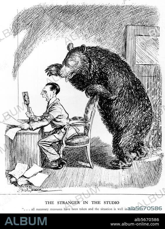 Goebbels, Joseph; (NSDAP; Reichs-Min. f. Volksaufklärung u. Propaganda; 1897-1945.- "The Stranger in the Studio / ...all necessary measures have been taken and the situation is well in hand...". (Karikatur auf die russ. Offensive bei Stalingrad). Nach Zeichnung von Ernest Howard Shepard. Aus: Punch, 203. Bd., London, 2. Dezember 1942.