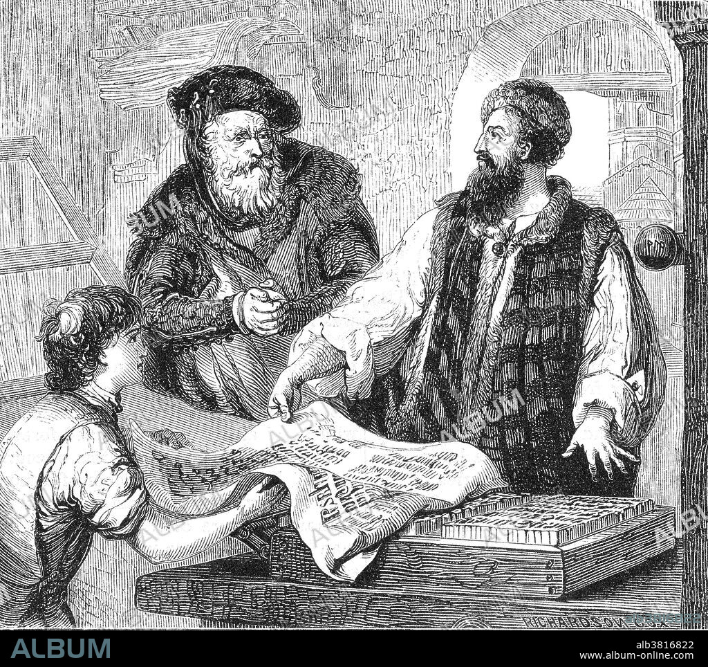 Engraving entitled, Gutenberg's First Proof. Johannes Gensfleisch zur Laden zum Gutenberg (1398 - February 3, 1468) was a German blacksmith, goldsmith, printer, and publisher who introduced modern book printing. His invention of mechanical movable type printing started the Printing Revolution and is widely regarded as the most important event of the modern period. It played a key role in the development of the Renaissance, Reformation, the Age of Enlightenment and the Scientific Revolution and laid the material basis for the modern knowledge-based economy and the spread of learning to the masses. He was the first European to use movable type printing, in around 1439. Among his many contributions to printing are: the invention of a process for mass-producing movable type; the use of oil-based ink; and the use of a wooden printing press similar to the agricultural screw presses of the period. In Renaissance Europe, the arrival of mechanical movable type printing introduced the era of mass communication which permanently altered the structure of society. He died in 1468, at the age of 70, and was buried in the Franciscan church at Mainz, his contributions largely unknown. This church and the cemetery were later destroyed, and Gutenberg's grave is now lost.