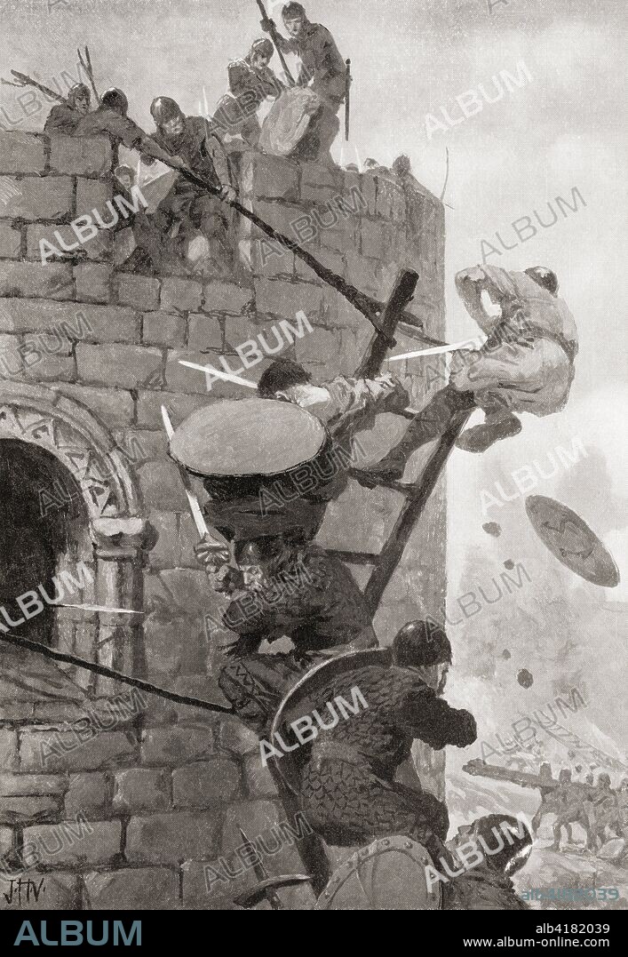 The siege of Carmarthen Castle, Wales by Cadell ap Gruffydd in 1146. From Hutchinson's History of the Nations, published 1915.