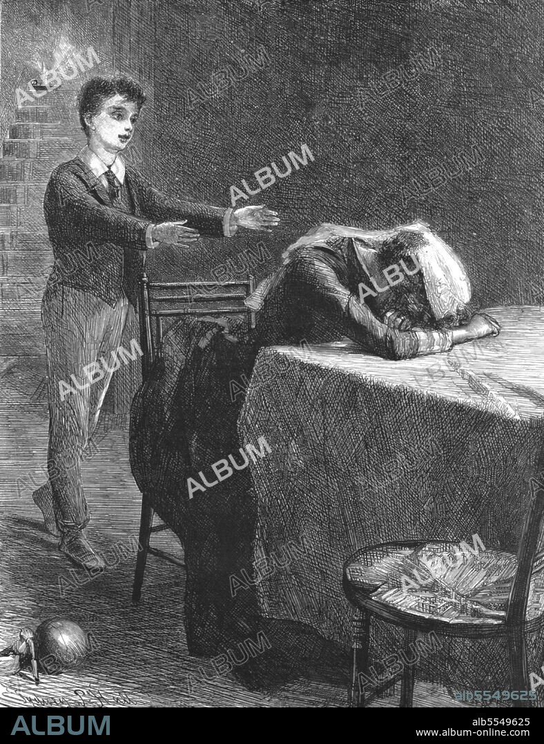 SYDNEY PRIOR HALL. ''That Unfortunate Marriage, by Francis Eleanor Trollope; She rocked herself from side to side, and moaned out, "Oh come back to us! Come back Martin--Martin!" ', 1888. From, 'The Graphic. An Illustrated Weekly Newspaper Volume 38. July to December, 1888'.