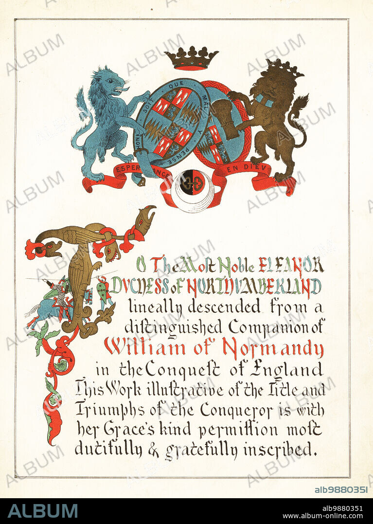 Dedication page to Eleanor Percy, Duchess of Northumberland, with illuminated inscription, initial and coat of arms. Initial letter T showing knights in hauberks attacking dragons. Chromolithograph by William Mossman after an illustration by Charles Stothard made for the Society of Antiquaries in Rev. John Collingwood Bruces The Bayeux Tapestry Elucidated, John Russell Smith, London, 1856.