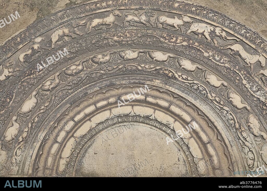 Moonstone in Mahasena Palace, Pancavasa, Anuradhapura, Unesco World Heritage Site, Sri Lanka, Ceylon, South Asia, Asia.