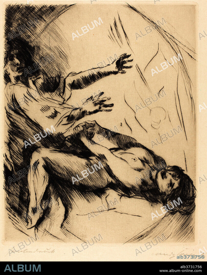 LOVIS CORINTH. Joseph and Potiphar's Wife - I (Joseph und Potiphars Weib I). Dated: 1914. Dimensions: plate: 25 x 20 cm (9 13/16 x 7 7/8 in.)  sheet: 40.5 x 28.2 cm (15 15/16 x 11 1/8 in.). Medium: drypoint in black on wove paper.