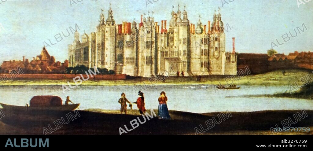 Painting of the exterior of Richmond Palace, a royal residence on the River Thames in England. Dated 17th Century.